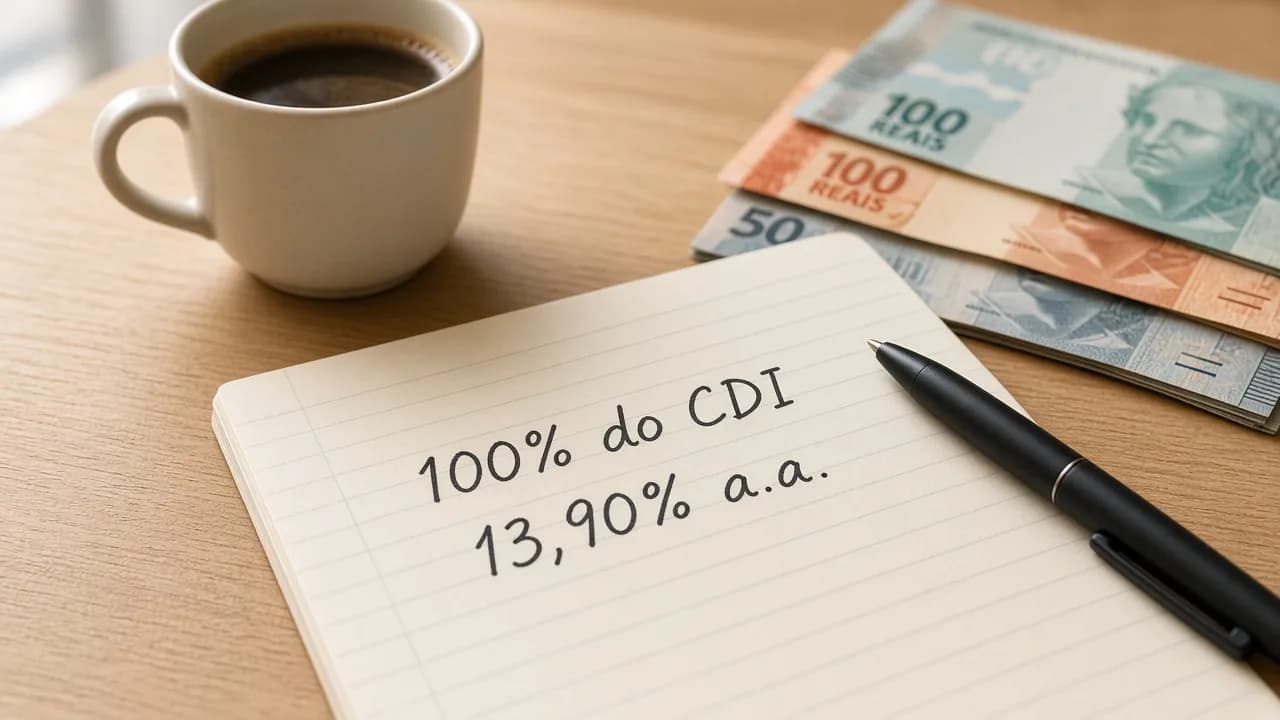 Caderno com anotação 100% do CDI, notas de real e caneca à luz do dia