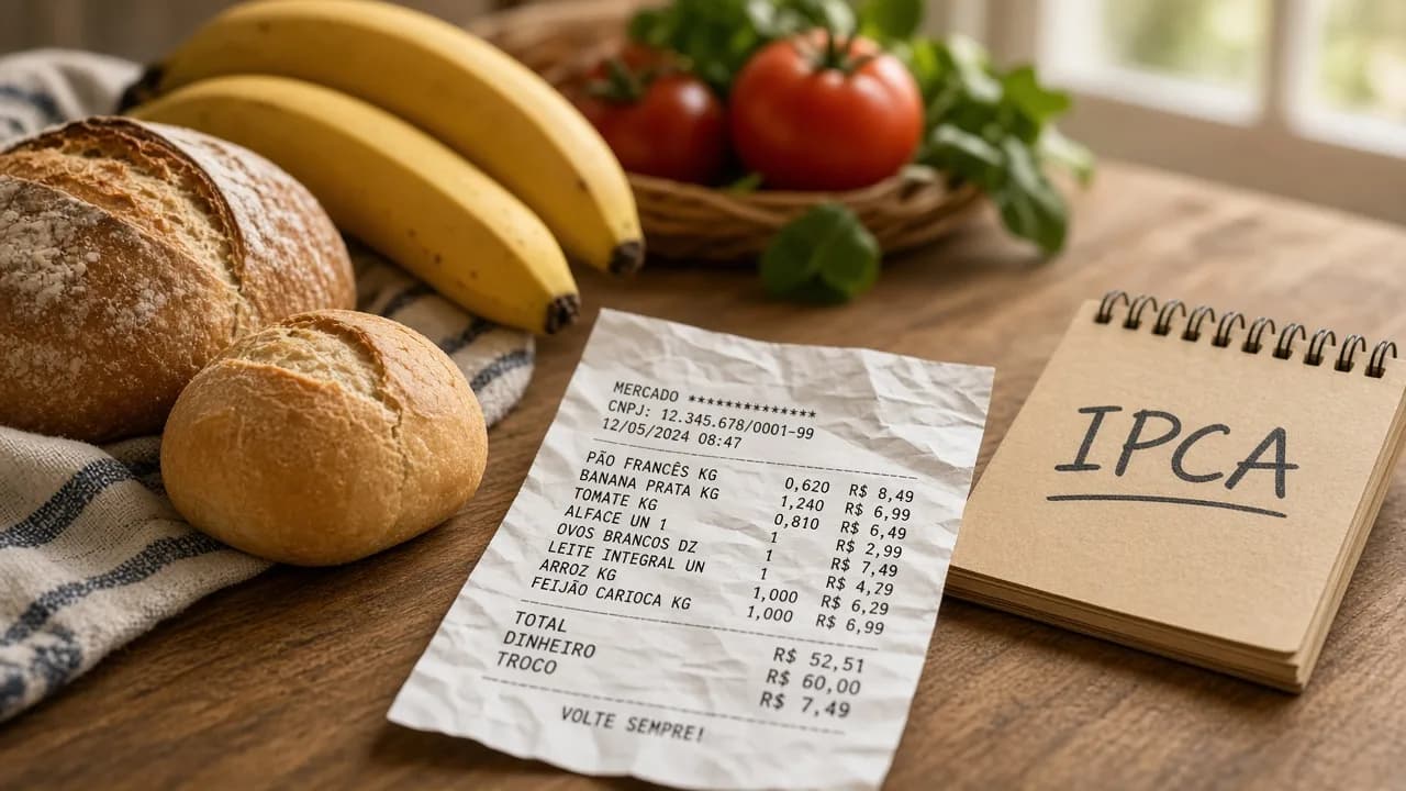 Compras do dia a dia e cupom fiscal com preços em real sobre a mesa
