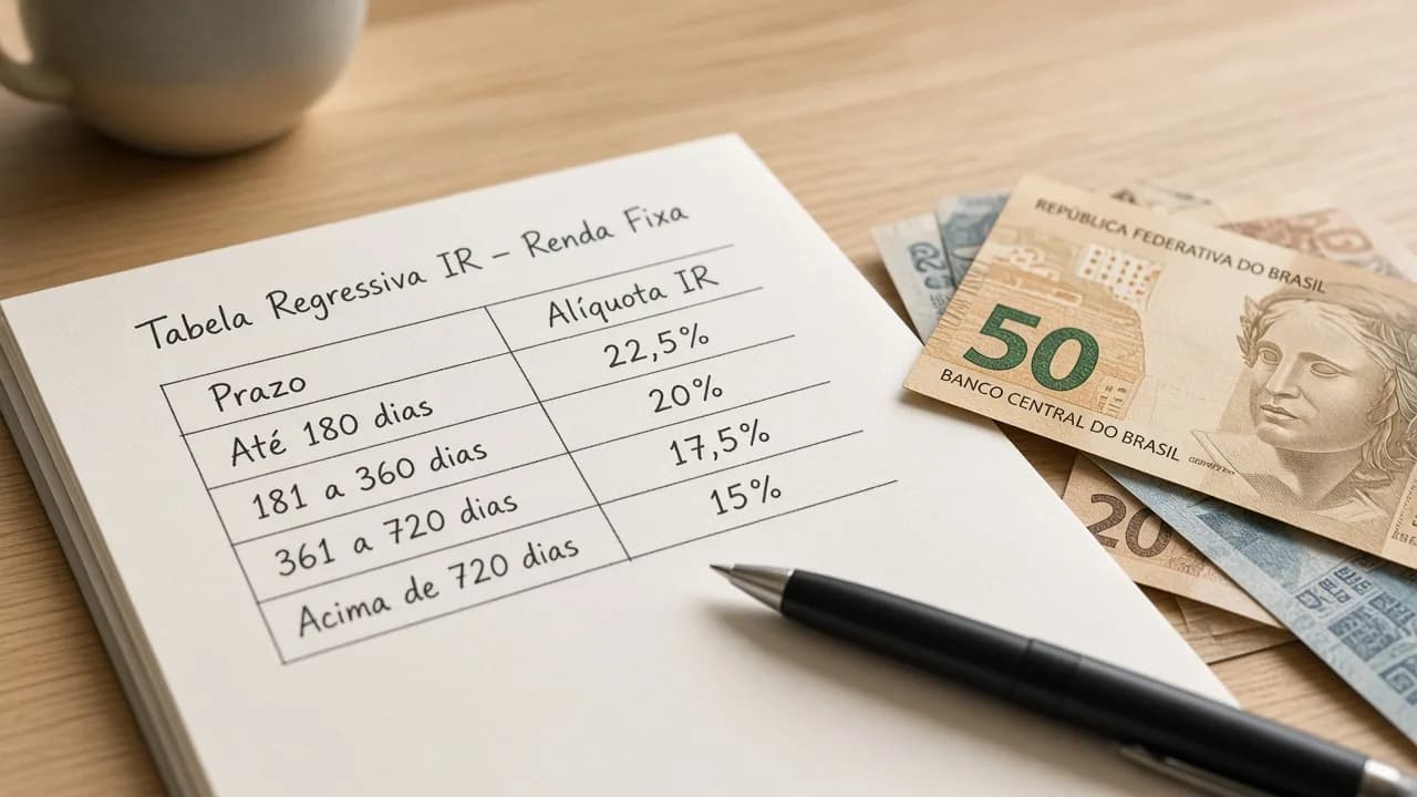 Anotações com faixas de alíquota e notas de real sobre a mesa, à luz do dia